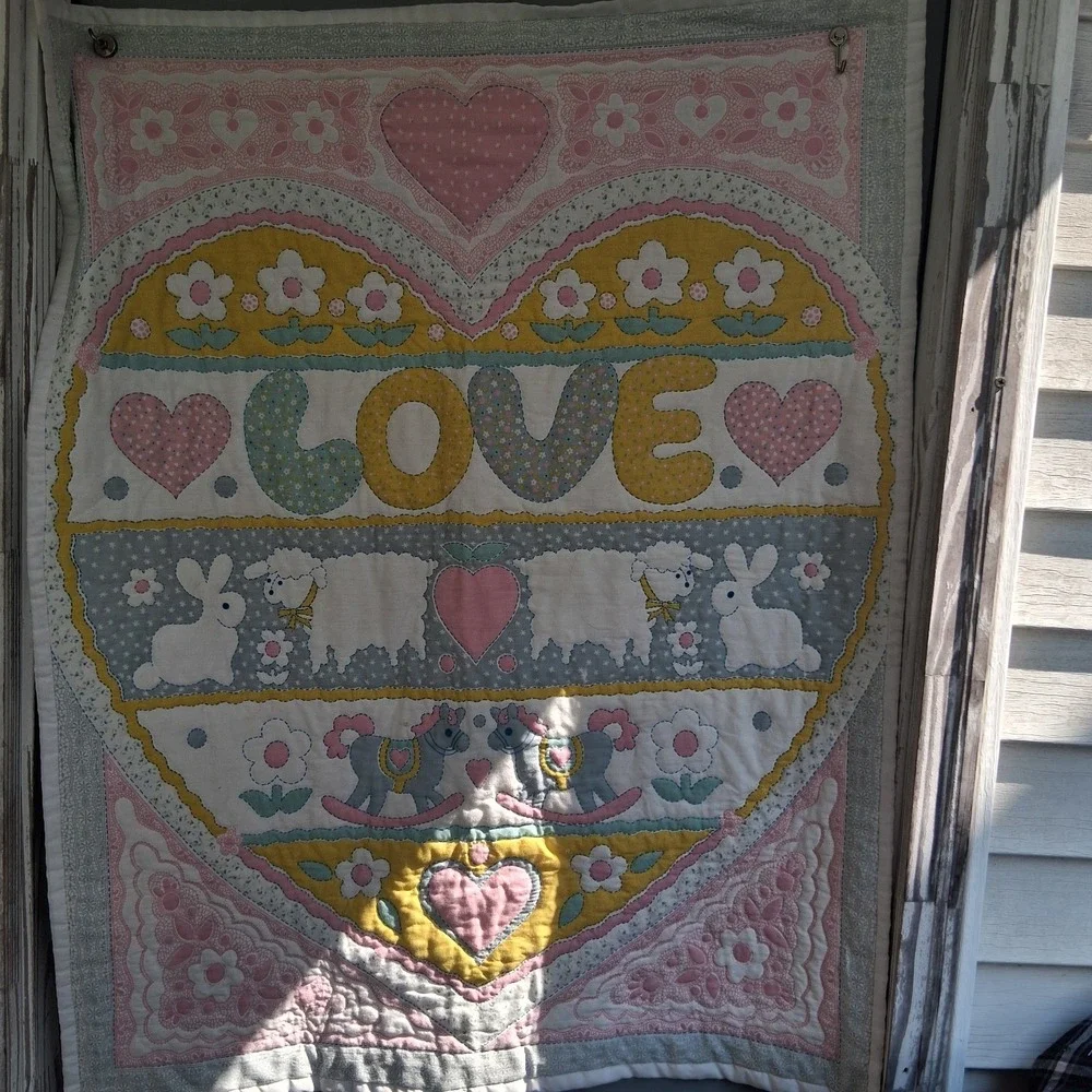 Vintage 90s Baby Quilt Blanket Pastel Hearts Bunnies Sheep Rocking Horse VGVC